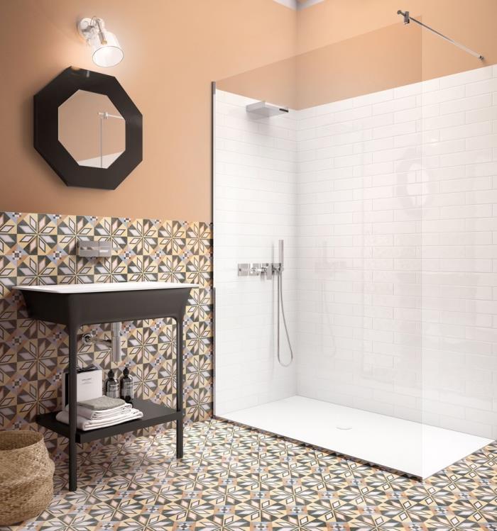 dvi vonios zonos, kurias riboja skirtingos plytelės, cemento plytelių efekto plytelės ant grindų ir kaip pagrindas