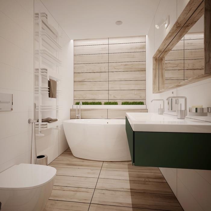 Taklit hafif ahşap panelli beyaz duvarlarla zen atmosferi, rahat ve rahatlatıcı banyo fikri nasıl oluşturulur