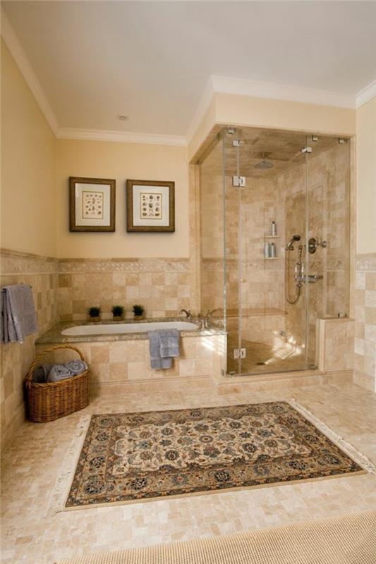 plytelėmis išklotas vonios kambarys-grindys-dušo kambarys-kiliminė vonia