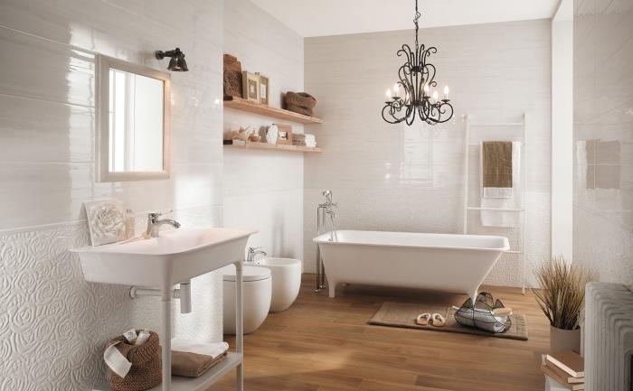 çiçek desenli kabartma fayans duvar kaplaması, duvar raflı banyo depolama fikri
