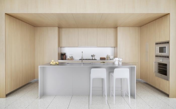minimalistična dekoracija v beli in leseni kuhinji s keramičnimi tlemi in osrednjim otokom, opremljen model kuhinje