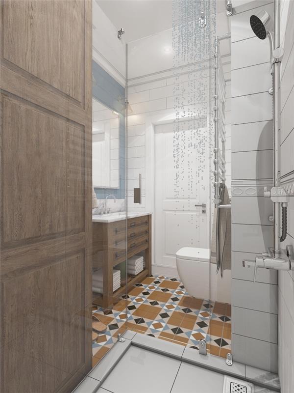 trendovska majhna kopalnica z belimi keramičnimi stenami s temno leseno omarico in belim pultom