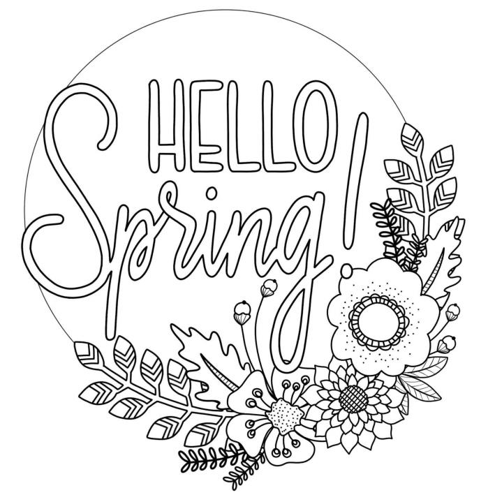 pavasario gėlių dažymo puslapis, lengvas spalvinimo piešinys su raidėmis „Laimingas pavasaris“ ir sezoninis gėlių vainikas