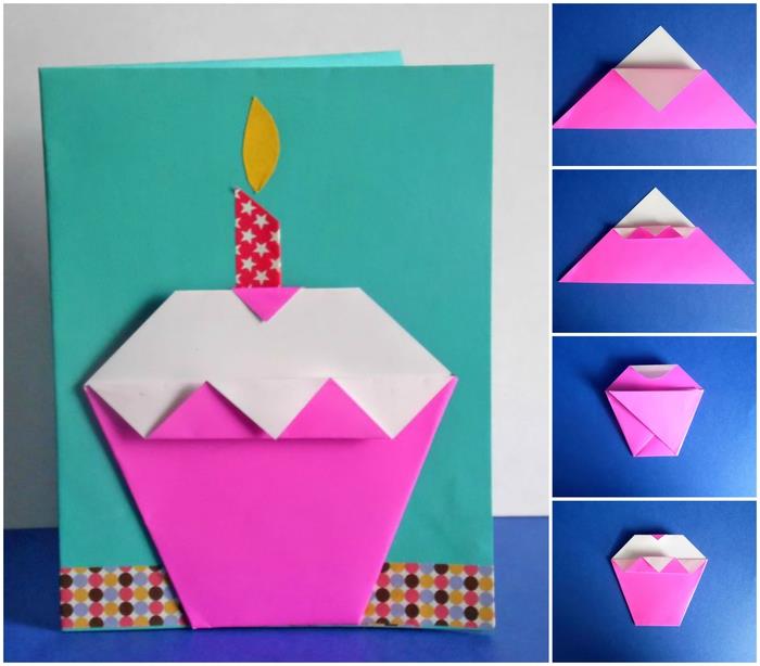 kolay bir origami keki ile doğum günü kartını kişiselleştirmek için bir DIY origami çocuğu