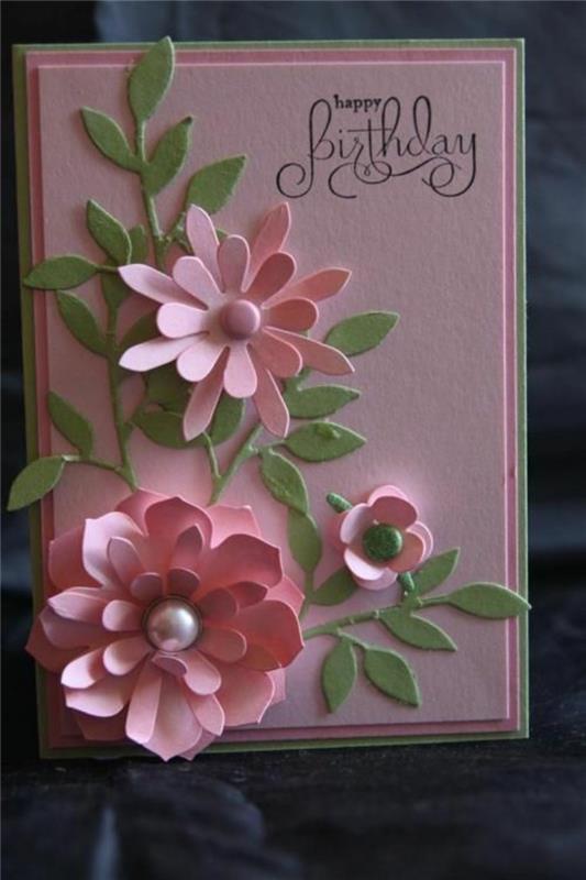 lepa rožnato -zelena ženska voščilnica za rojstni dan s 3d cvetličnimi vzorci z vtisnjenim sporočilom, cvetlična voščilnica, ki jo naredite sami