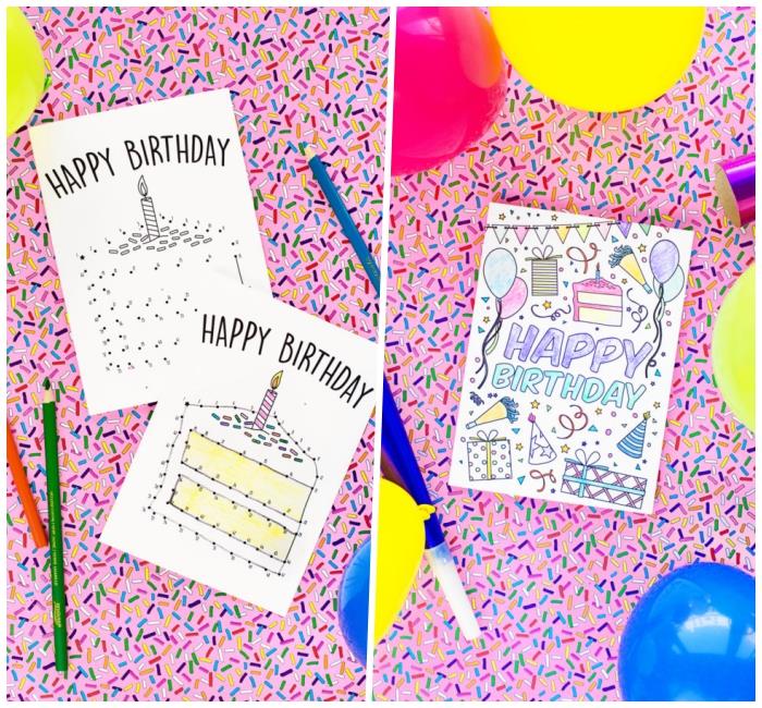 kako narediti izvirno voščilnico za rojstni dan, tri originalne vzorce voščilnic z barvno igro, iskalnimi besedami ali pikami za povezavo