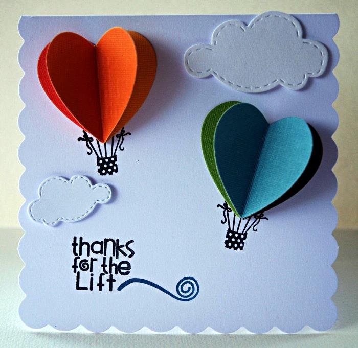 Ideja za enoletno rojstnodnevno voščilnico, da se počutite na temo potovanja, osebno voščilnico, okrašeno z balonom na vroč zrak v kartonu