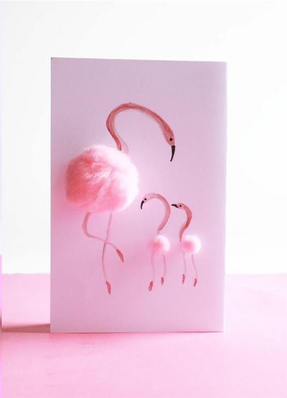 voščilnica za materinski dan, flamingi z opornikom in rožnatimi pom pomni