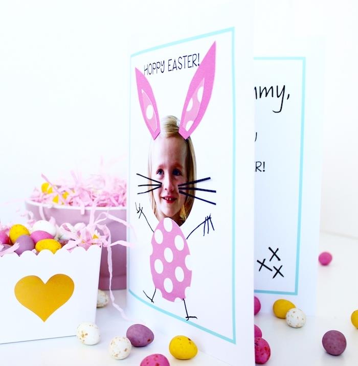 vzorec velikonočnega zajčka na velikonočni karti z dekliško glavo, srečna velikonočna mama, otroška obrt