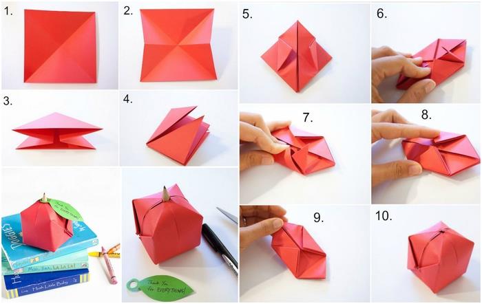 kağıt katlamalı küçük el işi bir teşekkür kartı olarak origami elması yapmak