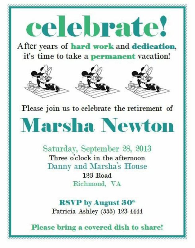 išėjimo į pensiją laiškas, pensijos kortelė, kvietimas į vakarėlį Marsha Newton, prašome prisijungti prie mūsų švęsti jos išėjimo į pensiją