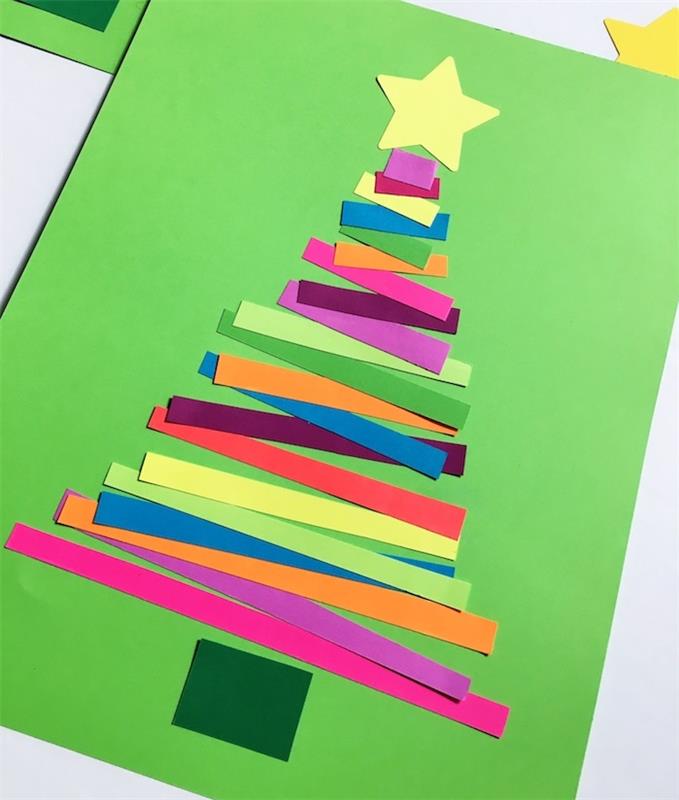 kaip pasidaryti kalėdinį darželio atviruką iš spalvoto įvairaus ilgio juostelių, priklijuoto ant žalio popieriaus su popierine žvaigždute viršuje