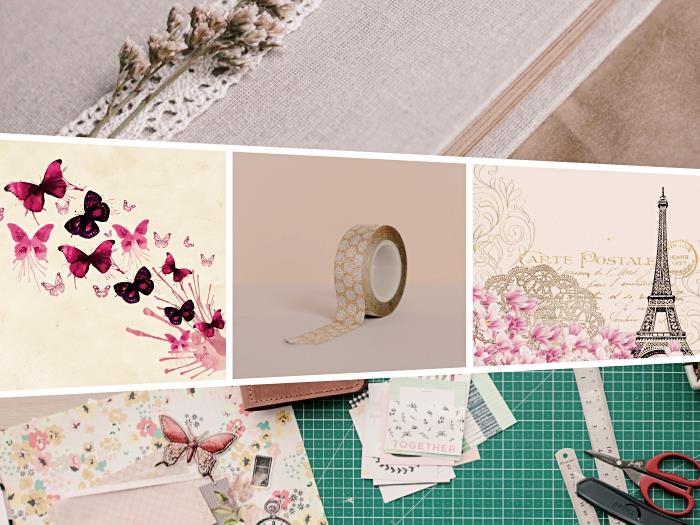 lengva „scrapbooking“ idėja pasigaminti patiems, smėlio spalvos „washi“ juostos šablonas su baltais gėlių raštais, senovinio dizaino „scrapbooking“ popierius su Eifelio bokšto iliustracijomis