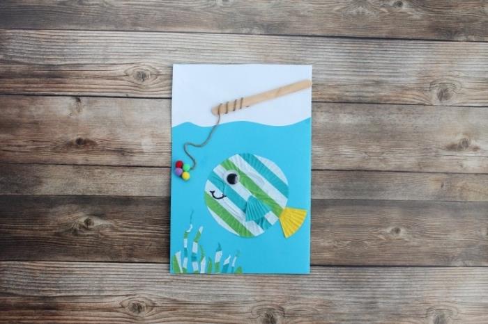 darilo za očete za izdelavo 2 -letne, pisane papirnate predloge za očetovsko kartico z ribjo figurico v kalupu za piškote