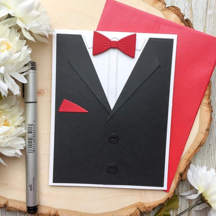 naredite izvirno voščilnico za očetov dan iz kartonske karte, diy črna obleka za smoking z rdečim metuljem