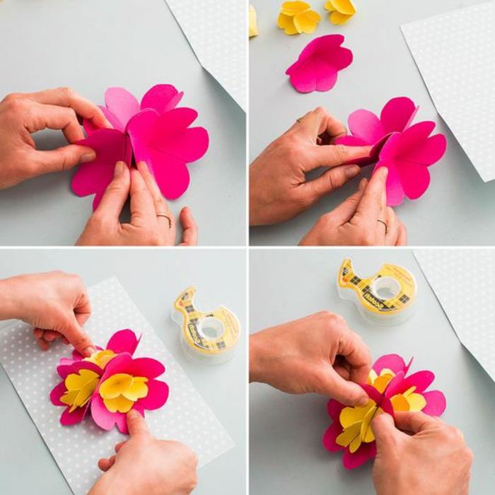 Motinos dienos atvirukas, rožinės ir geltonos spalvos gėlių pop -up kortelė, „pasidaryk pats“ dovana sau