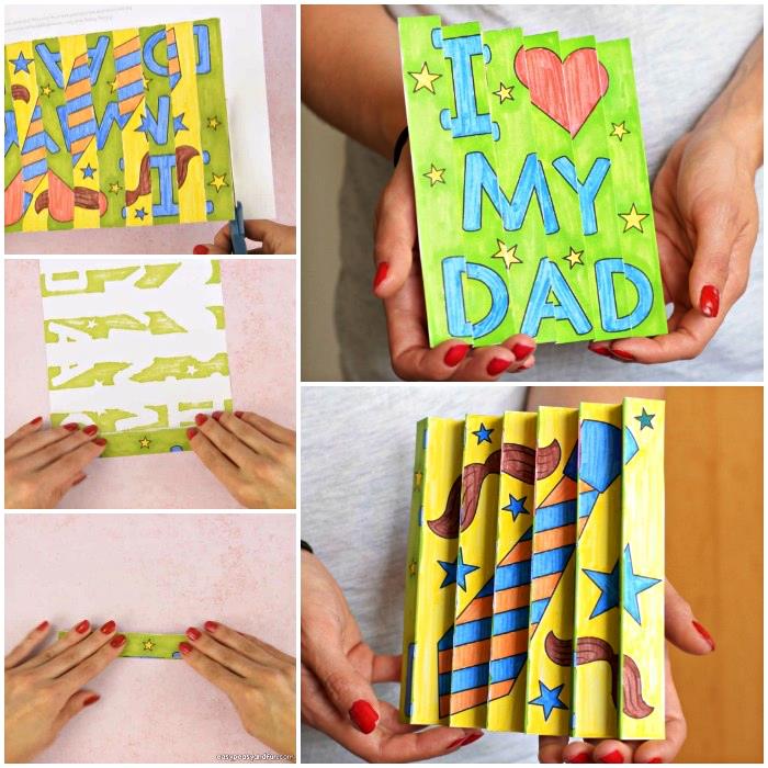 Anaokulu için kendin yap babalar günü fikri, baba için çizimler ve tatlı sözler içeren kişiselleştirilmiş akordeon kartları