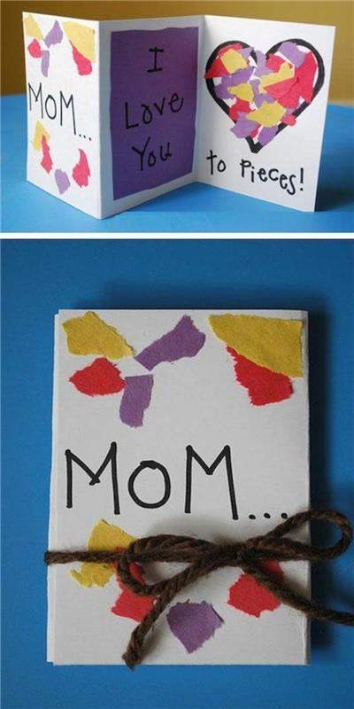 Motinos dienos atvirukas, širdelė su keliais gabalėliais, įklijuota ant kortelės