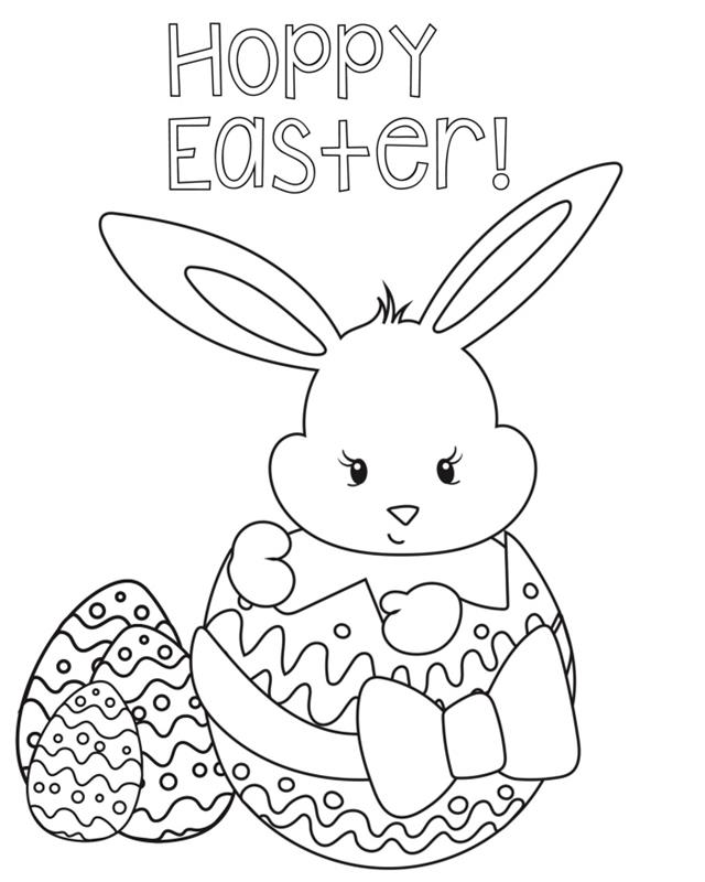 çocuk için kolay paskalya boyama fikri, küçük tavşan ve paskalya yumurtası desenleri ile yazdırmak ve renklendirmek için çizim örneği