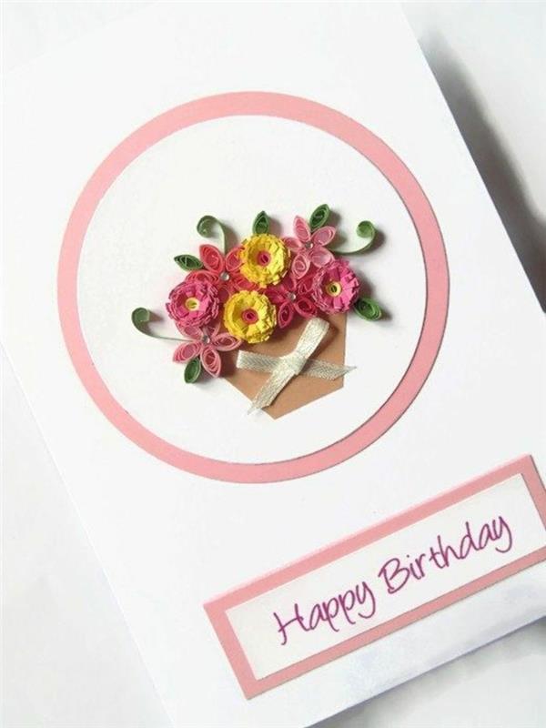 Scritta con pennarello viyola, disegno di cesto fiori, cartolina per compleanno