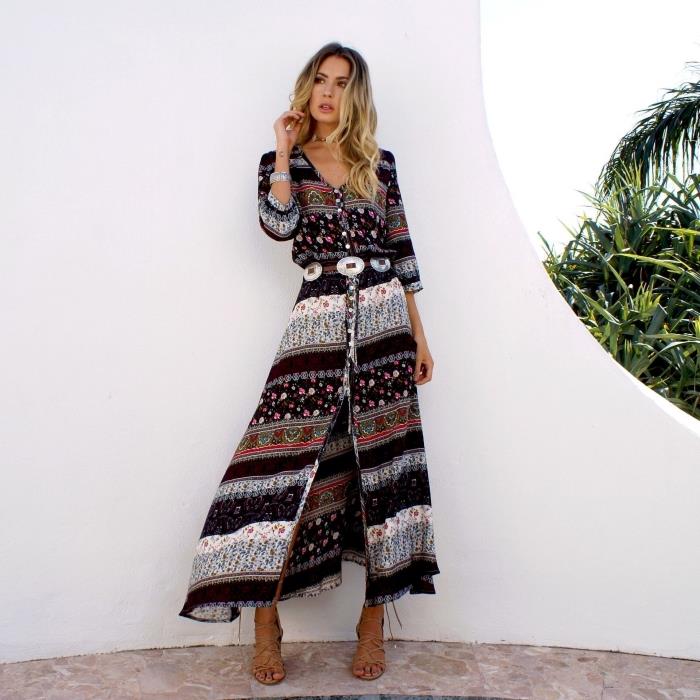 model dolge poletne obleke z rokavi in ​​gumbi s pasom, ideja za ženske v boho chic slogu