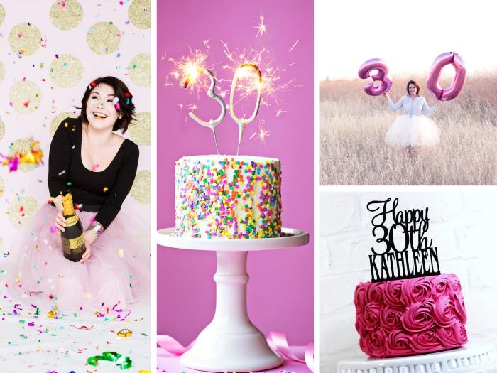 30 metų moters gimtadienio fotografavimo kabinos idėja su rožinės ir auksinės spalvos blizgučių sienų apdaila, konfeti pyragas su bengalų žiburiais
