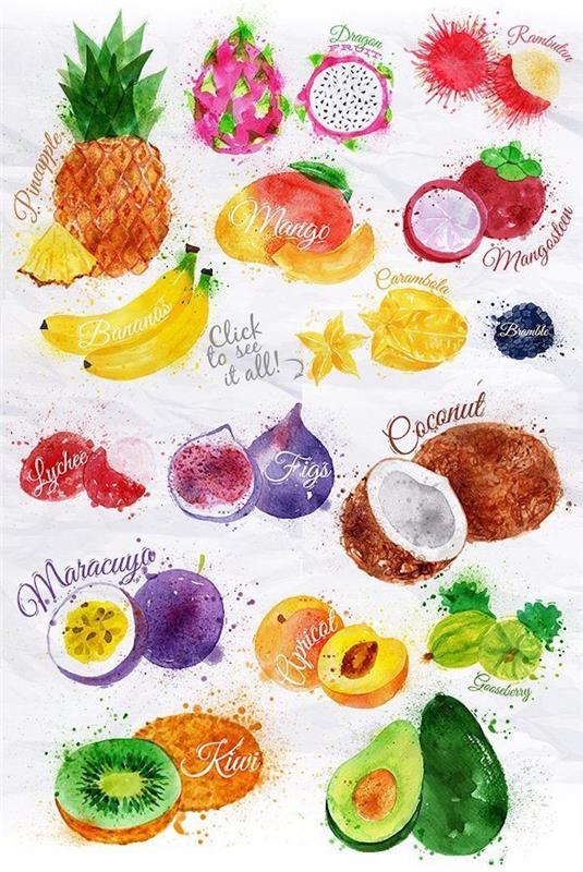 Različno sadje, barvita slikarska akvarelna vaja, otrok riše sadje, risba, skicira