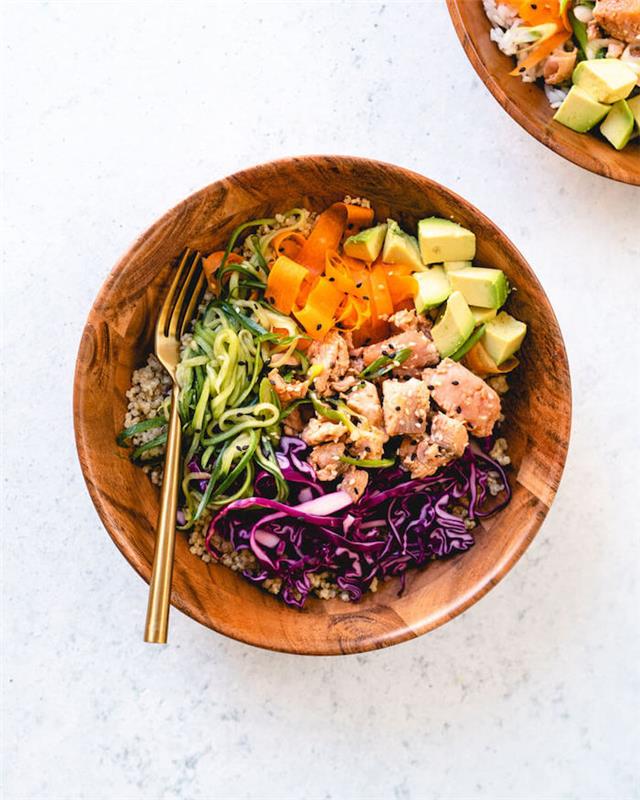 Piatto con cubetti di salmone, pezzettini di avocado, strisce di carota e cetriolo, cosa cucino stasera