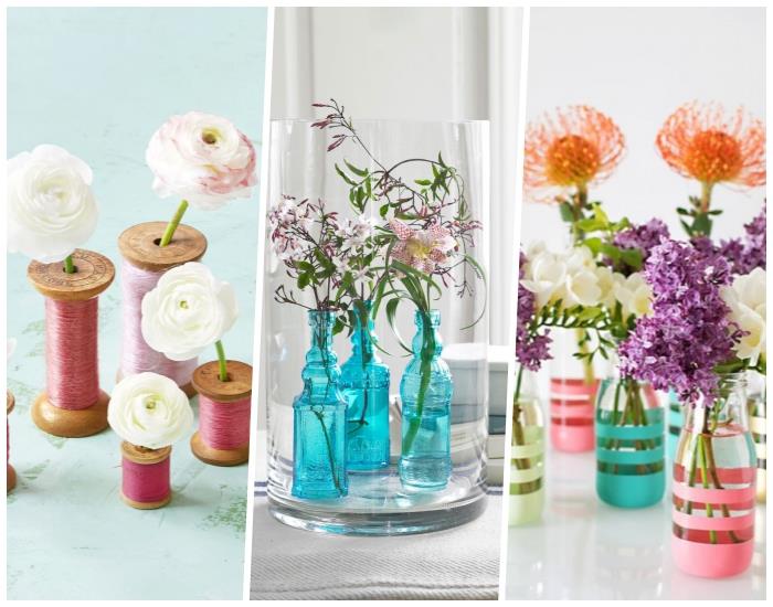 kaip sukurti savo stalo dekoravimą ritėmis, turkio spalvos buteliais ir stikliniais buteliais, pasidaryk pats vazomis