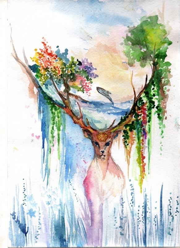enostavna abstraktna slika, ki prikazuje jelena s cvetočimi rogovi, izvirna umetnost akvarela z uporabo več barvnih tehnik