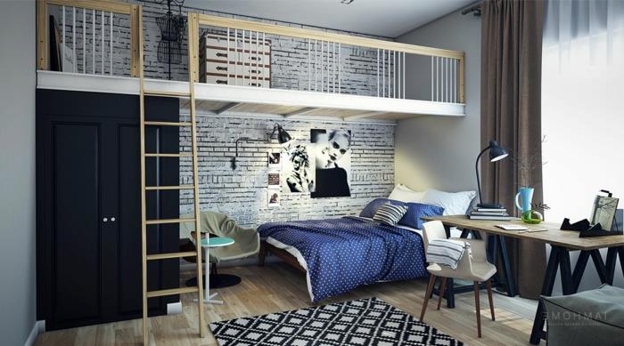 šiuolaikinio dizaino merginos kambarys, miegamasis su maža tarpine erdve