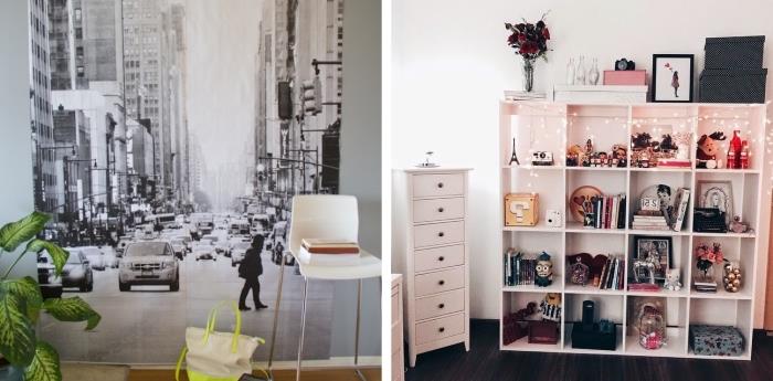duvarda beyaz ve siyah tasarım duvar kağıdı ile genç yatak odası dekorasyon fikri, hafif çelenk ile dekore edilmiş depolama modeli