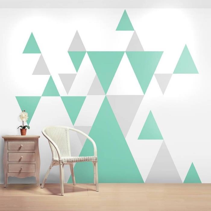 sienų apdailos idėja su baltos, žalios ir pilkos spalvos grafiniais tapetais, paprasta minimalistinio stiliaus apdaila su mediniais baldais
