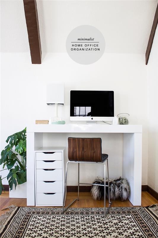 ev işi köşe dekorasyonu, iyi organize edilmiş lake beyaz masa örneği, beyaz mobilyalı ev ofis tasarımı