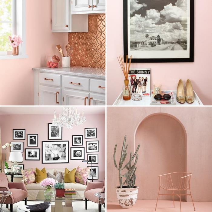 idėja, kokią spalvą susieti su pilka, virtuvė su šviesiai rožinėmis sienomis, baltais baldais ir vario dizaino atplaišomis
