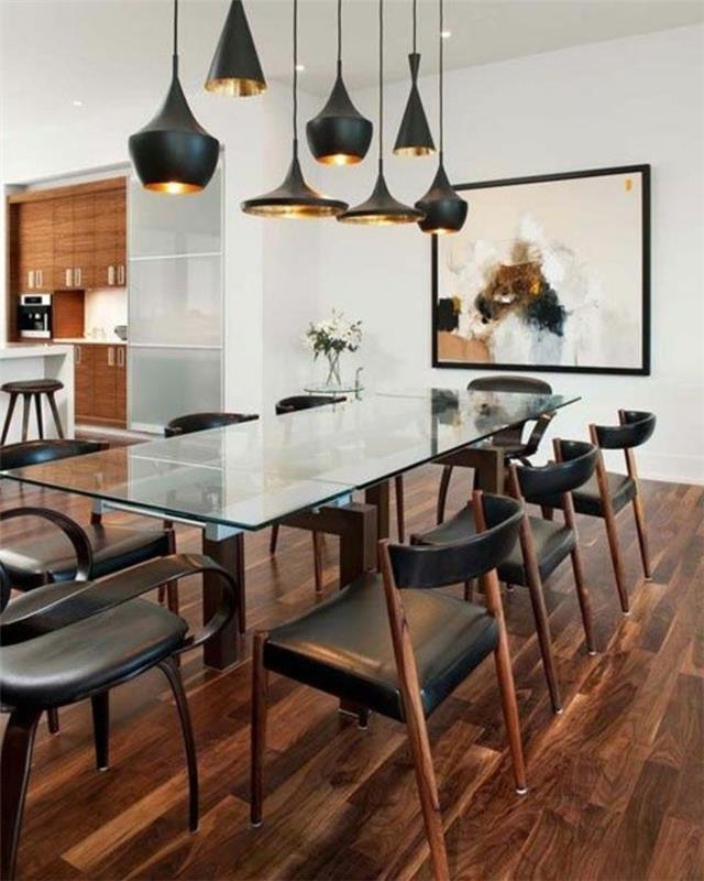 modernios virtuvės-kėdės-tom-dixon-pakabos ir juodos kėdės