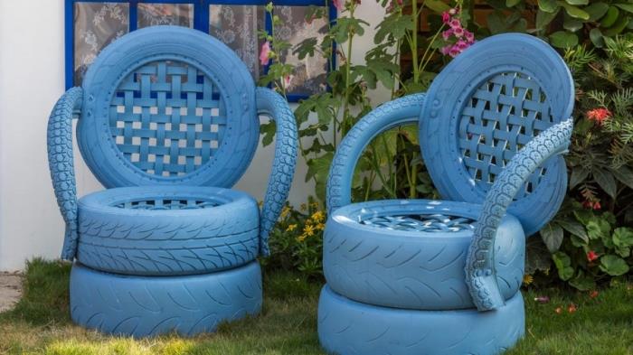 enostaven DIY z recikliranimi pnevmatikami, ideja DIY pohištva z odpadnimi starimi pnevmatikami in modro barvo