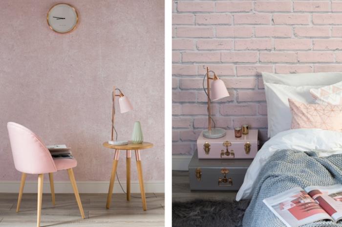 rožinės ir pilkos spalvos miegamojo deko su mediniais baldais, pastelinės rožinės spalvos tapetų modelis kartu su baltu ir variniu laikrodžiu