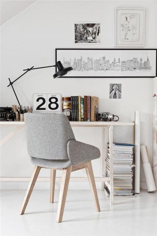 Skandinavski stol v lesu in sivi pisarni od dela na domu
