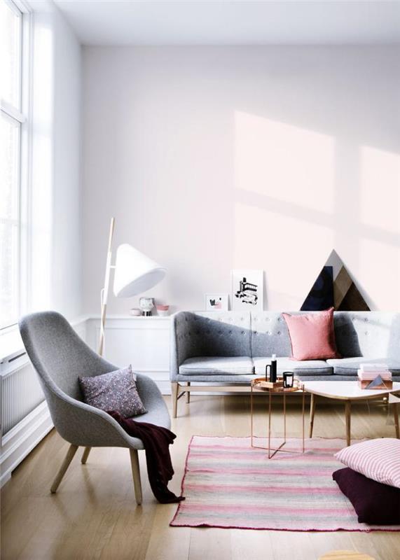 Skandinavsko-preprosta-notranjost-v nordijskem slogu-stol-in-kavč-siva