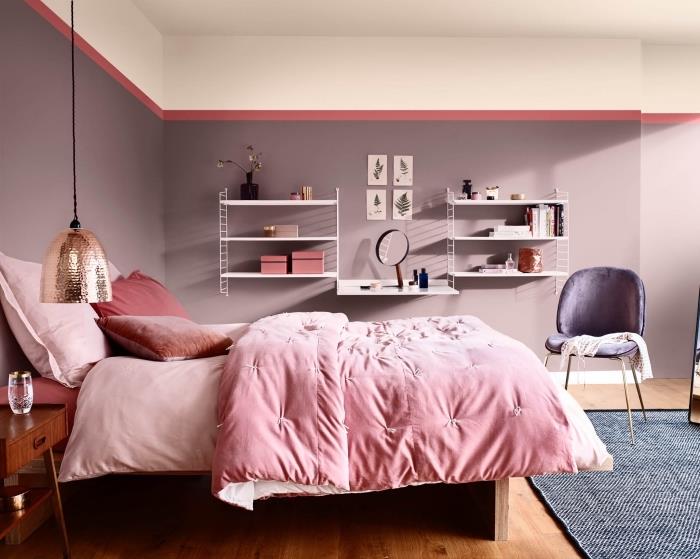 ideja o barvi spalnice, notranja dekoracija s pastelno vijoličnimi stenami, primer slikarskega trenda 2019