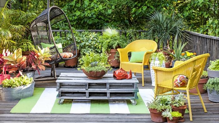 Kavos staliukas europiniuose padėkluose, baltas ir žalias kilimas, geltoni foteliai, sodo terasos baldai, kuriuos sodo baldus pasirinkti