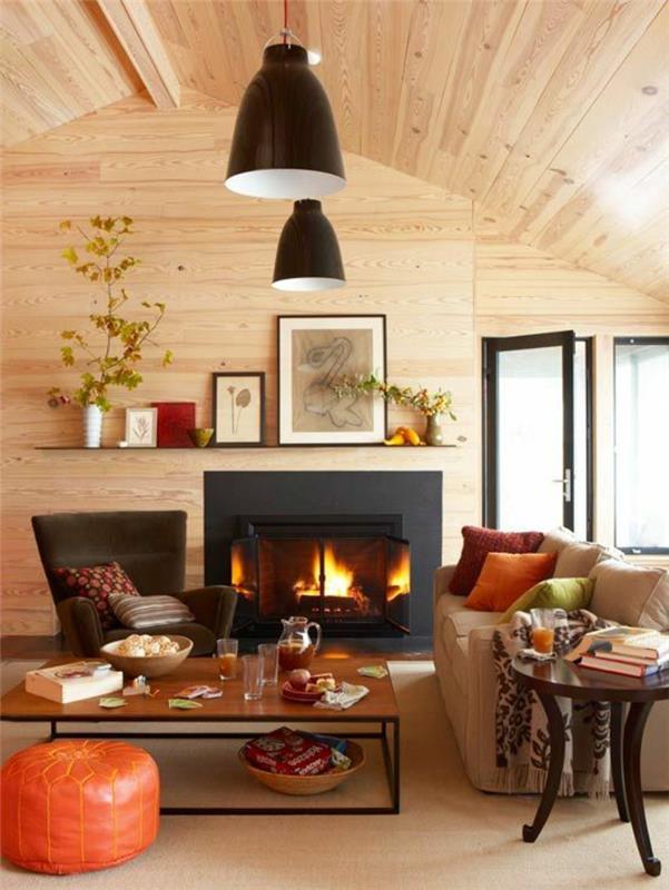 prijetna brunarica vse leseno notranjost kamin stanovanje cocoing dnevna soba dekor ideje