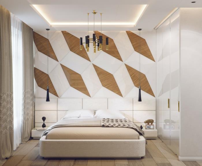 postelja v krem ​​barvi, lesena in bela stenska dekoracija, gladka bela garderobna omara, zavese iz taupe barve