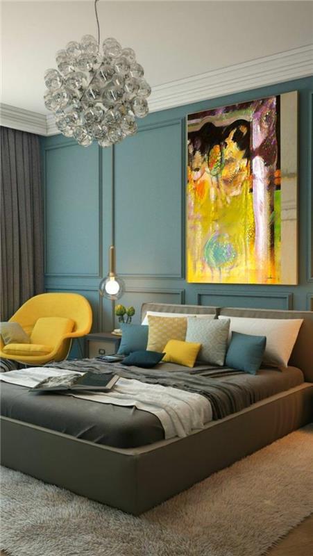 yatak odası-mavi-gri-oldukça-modern-deco-avize-hardal-sarı