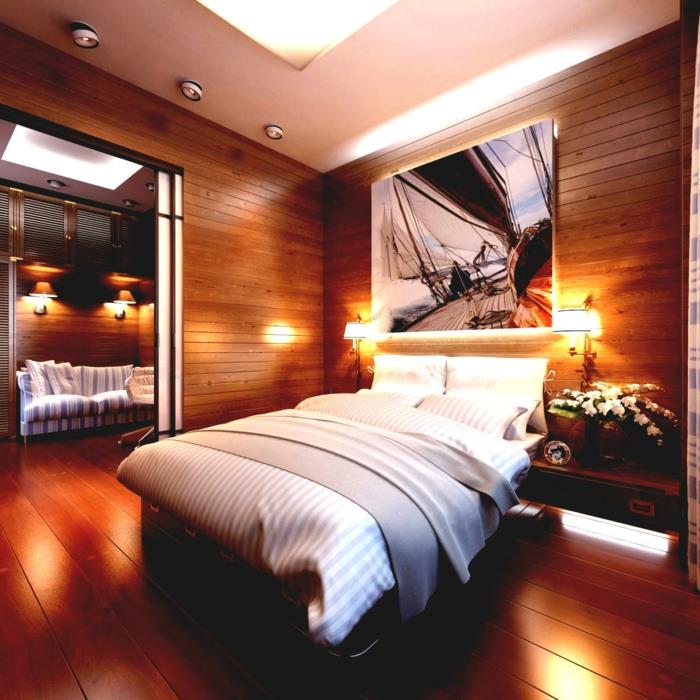 spalnica v slogu chaet, stenska dekoracija iz lesenih letvic, svetleči stropni strop, črno -bela stenska fotografija