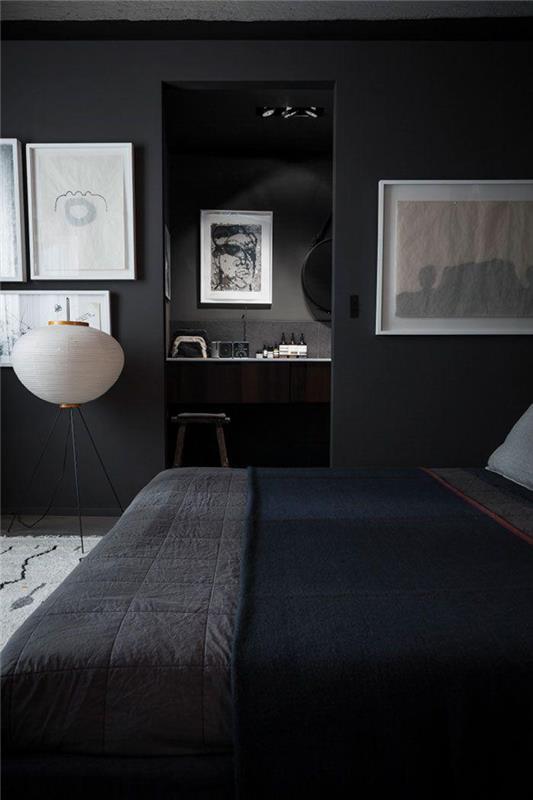 moderna spalnica v črni barvi z majhno pisarno
