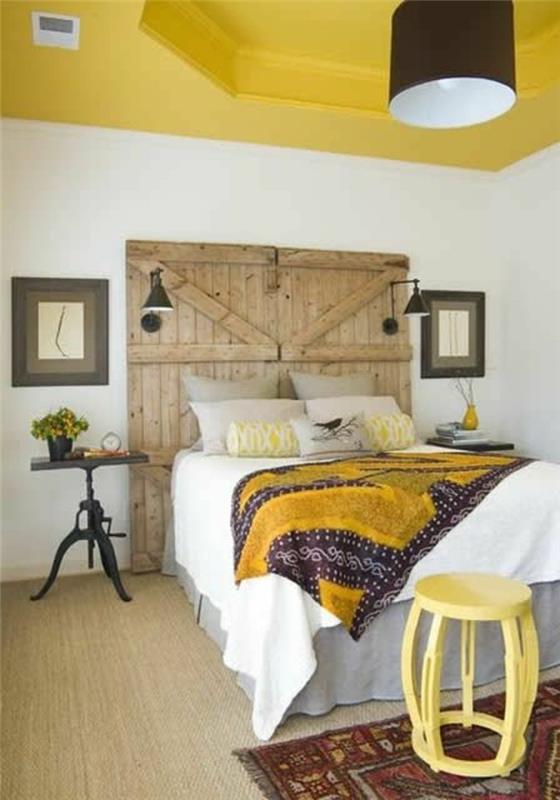 yatak odası-rustik-tavan-sarı-deko-renk-hardal