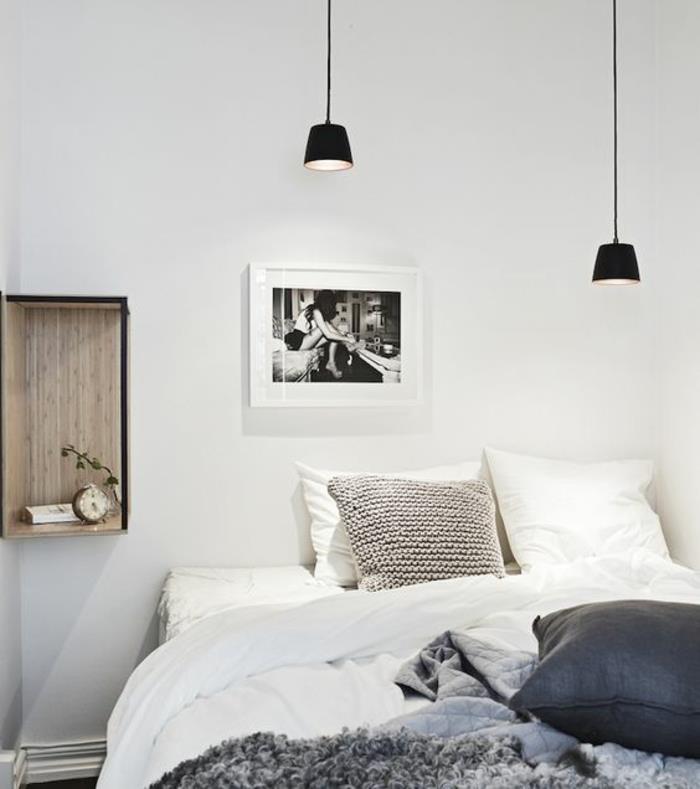 minimalist tarzda siyah bir sarkıt lamba, sıcak dekorlu İskandinav yatak odası