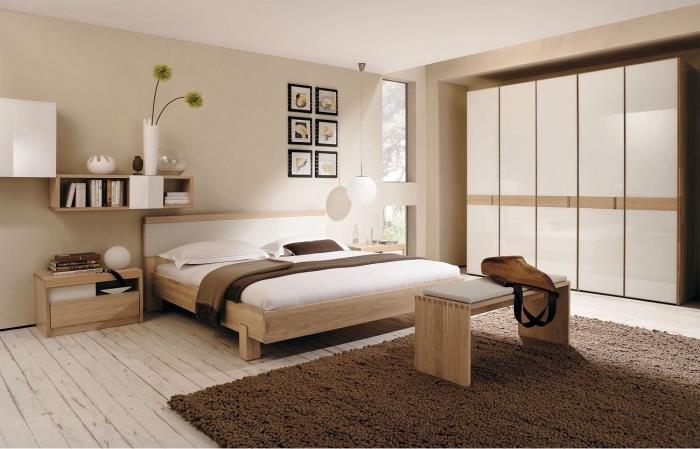 sodobno oblikovanje spalnice s pohištvom iz svetlega lesa, slikanje peska za spalnico